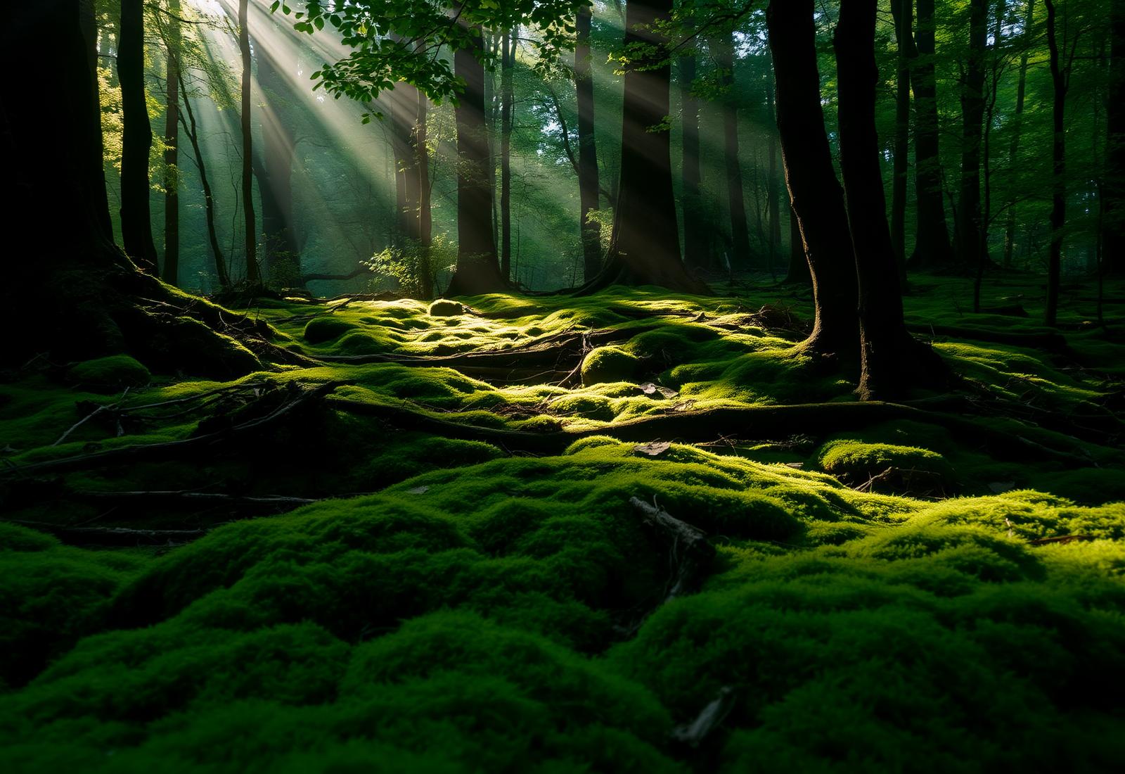 Sunlight through a moss-carpeted forest